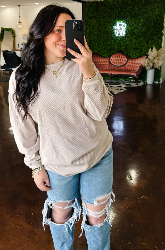 Sand Beige Ribbed Pullover Top